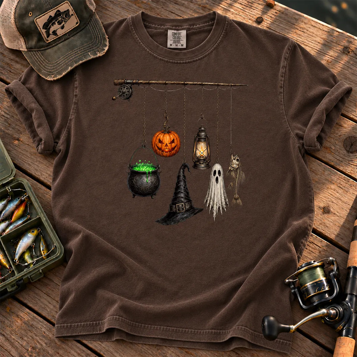 Spooky Fishing Pole Halloween T-Shirt in Espresso