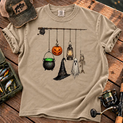 Spooky Fishing Pole Halloween T-Shirt in Sandstone
