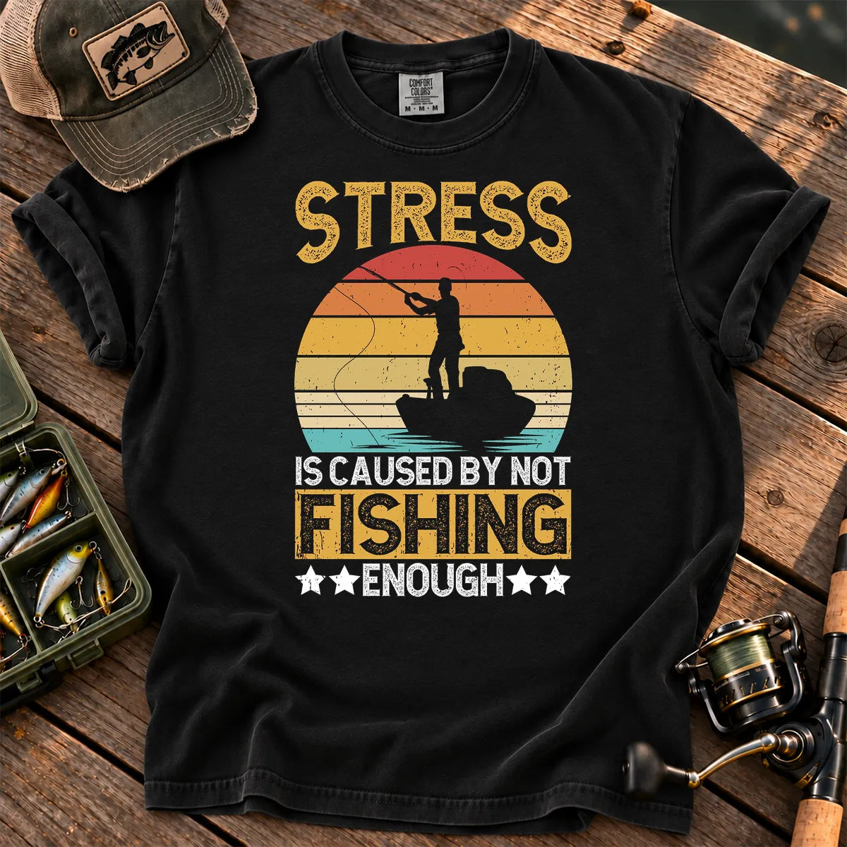Stress Is Caused by Not Fishing Enough T-Shirt in Black