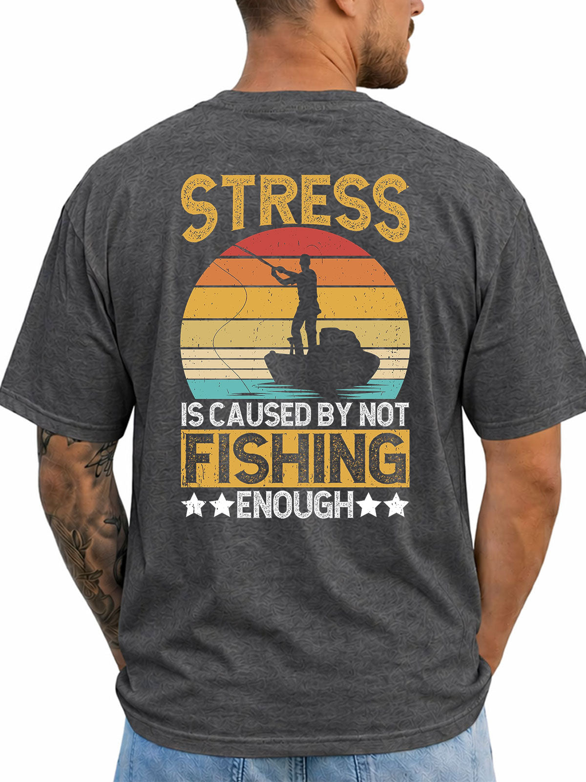 Dark Heather T-shirt back with retro sunset and boat angler stress joke graphic