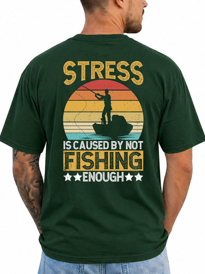 Forest Green T-shirt back with retro sunset and boat angler stress joke graphic