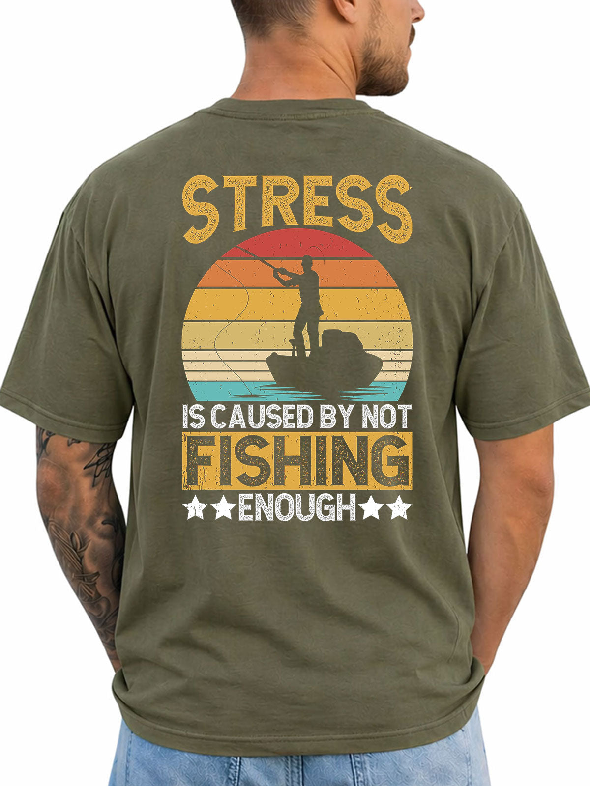 Military Green T-shirt back with retro sunset and boat angler stress joke graphic
