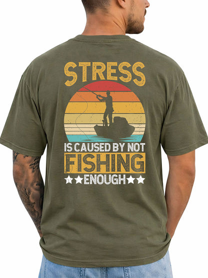 Military Green T-shirt back with retro sunset and boat angler stress joke graphic