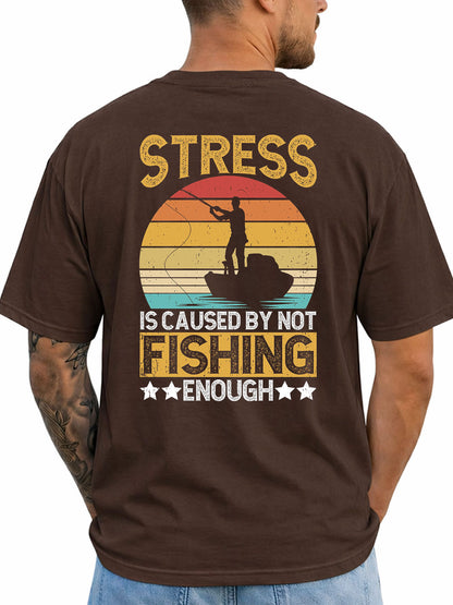 Dark Chocolate T-shirt back with retro sunset and boat angler stress joke graphic
