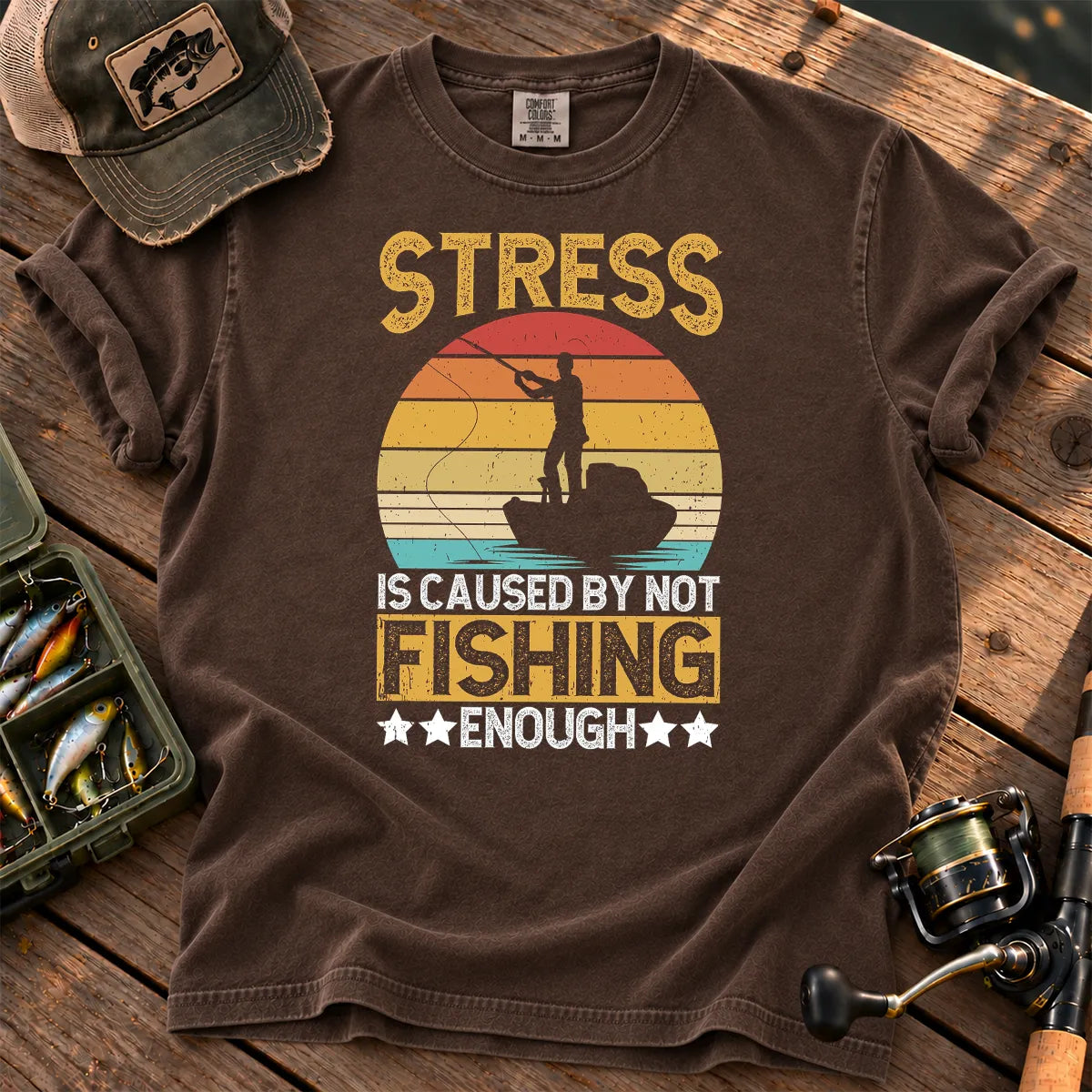 Stress Is Caused by Not Fishing Enough T-Shirt in Espresso