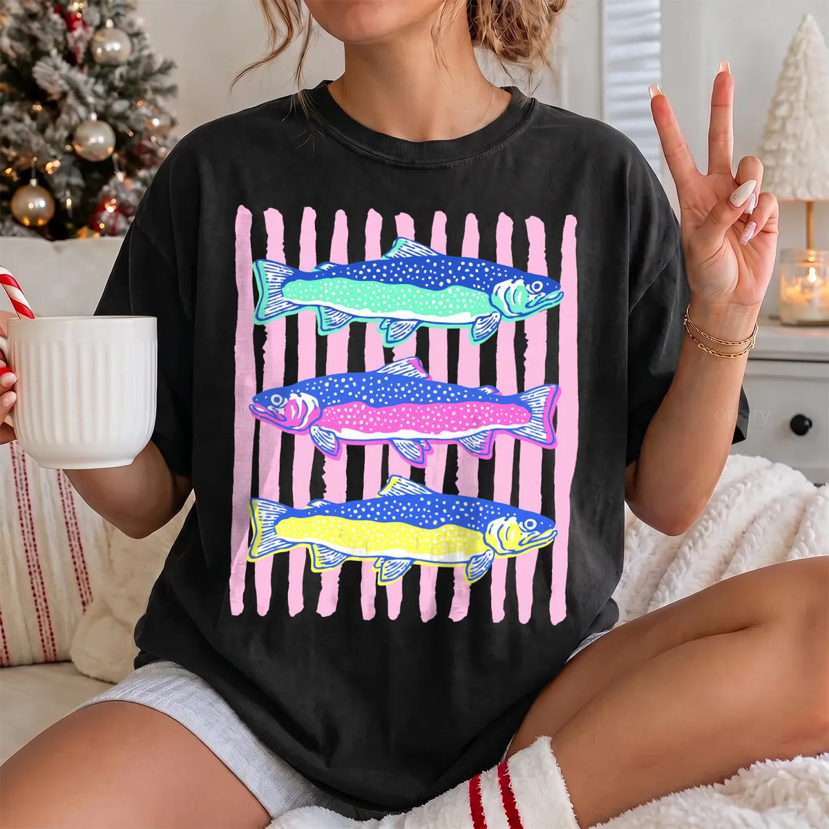 Striped Trout T-Shirt Women model in Black