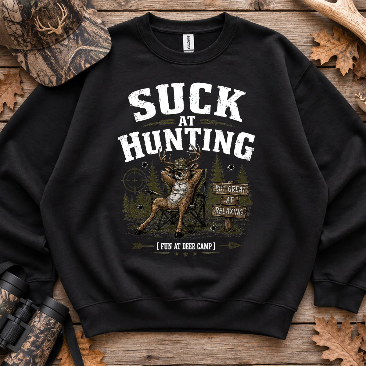 Suck at Hunting Deer Camp Sweatshirt in Black