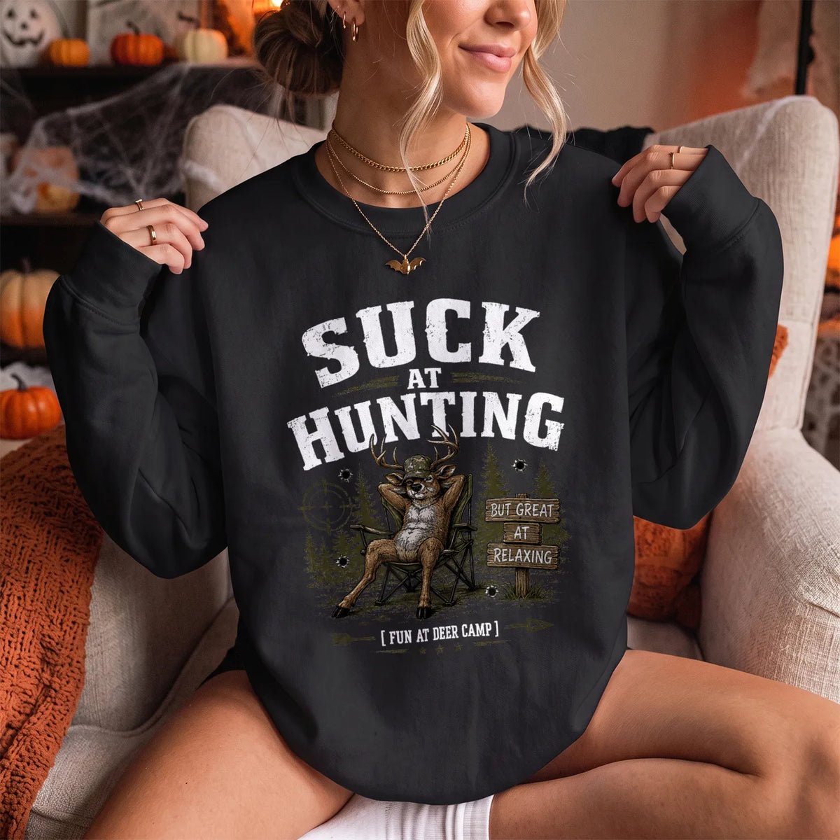 Suck at Hunting Deer Camp Sweatshirt Women model in Black