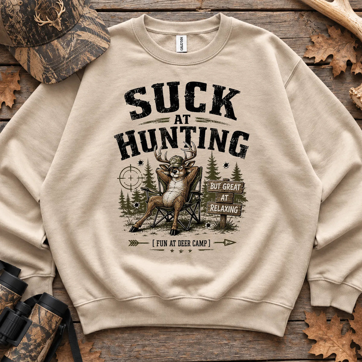 Suck at Hunting Deer Camp Sweatshirt in Sand