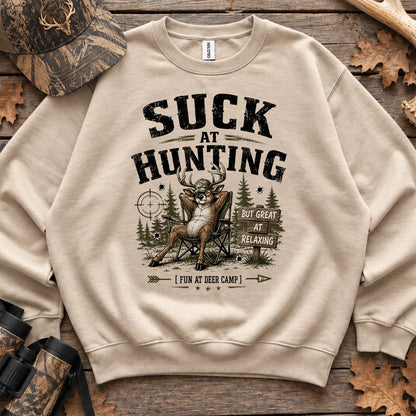 Suck at Hunting Deer Camp Sweatshirt in Sand
