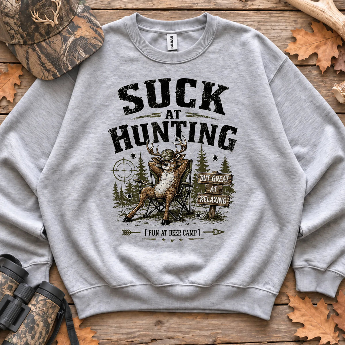Suck at Hunting Deer Camp Sweatshirt in Sport Grey