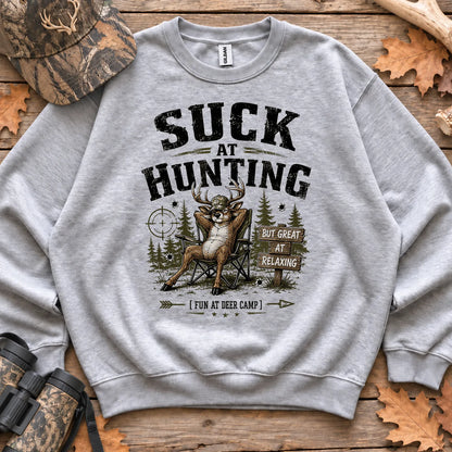 Suck at Hunting Deer Camp Sweatshirt in Sport Grey