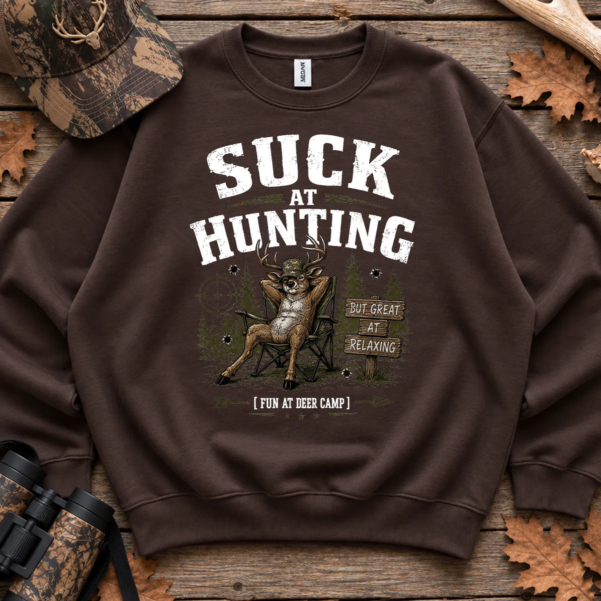 Suck at Hunting Deer Camp Sweatshirt in Dark Chocolate