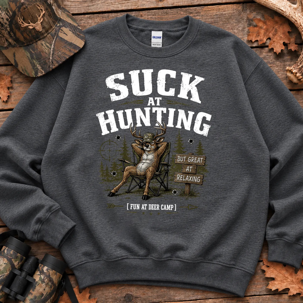 Suck at Hunting Deer Camp Sweatshirt in Dark Heather