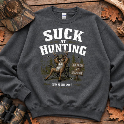 Suck at Hunting Deer Camp Sweatshirt in Dark Heather