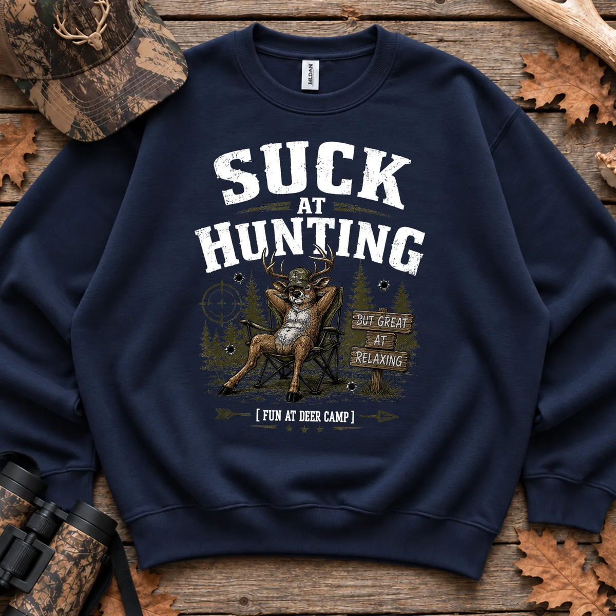Suck at Hunting Deer Camp Sweatshirt in Navy