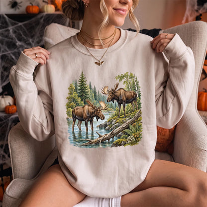 Summer Moose River Sweatshirt Women model in Sand