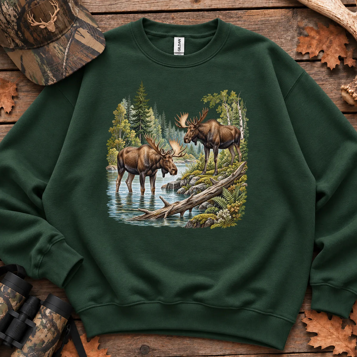 Summer Moose River Sweatshirt in Forest Green