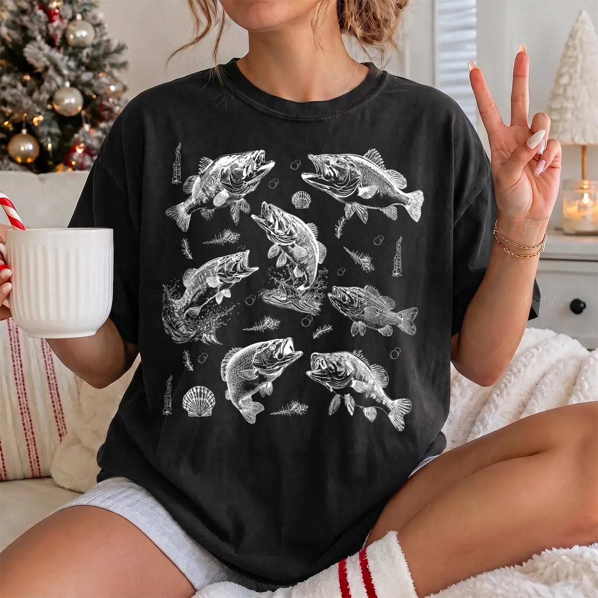 Teal Bass Tattoo Chart T-Shirt Women model in Black