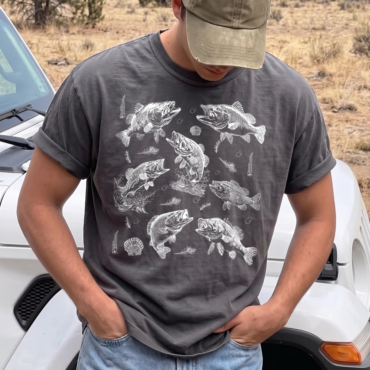 Teal Bass Tattoo Chart T-Shirt Men model in Pepper