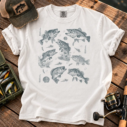Teal Bass Tattoo Chart T-Shirt in White