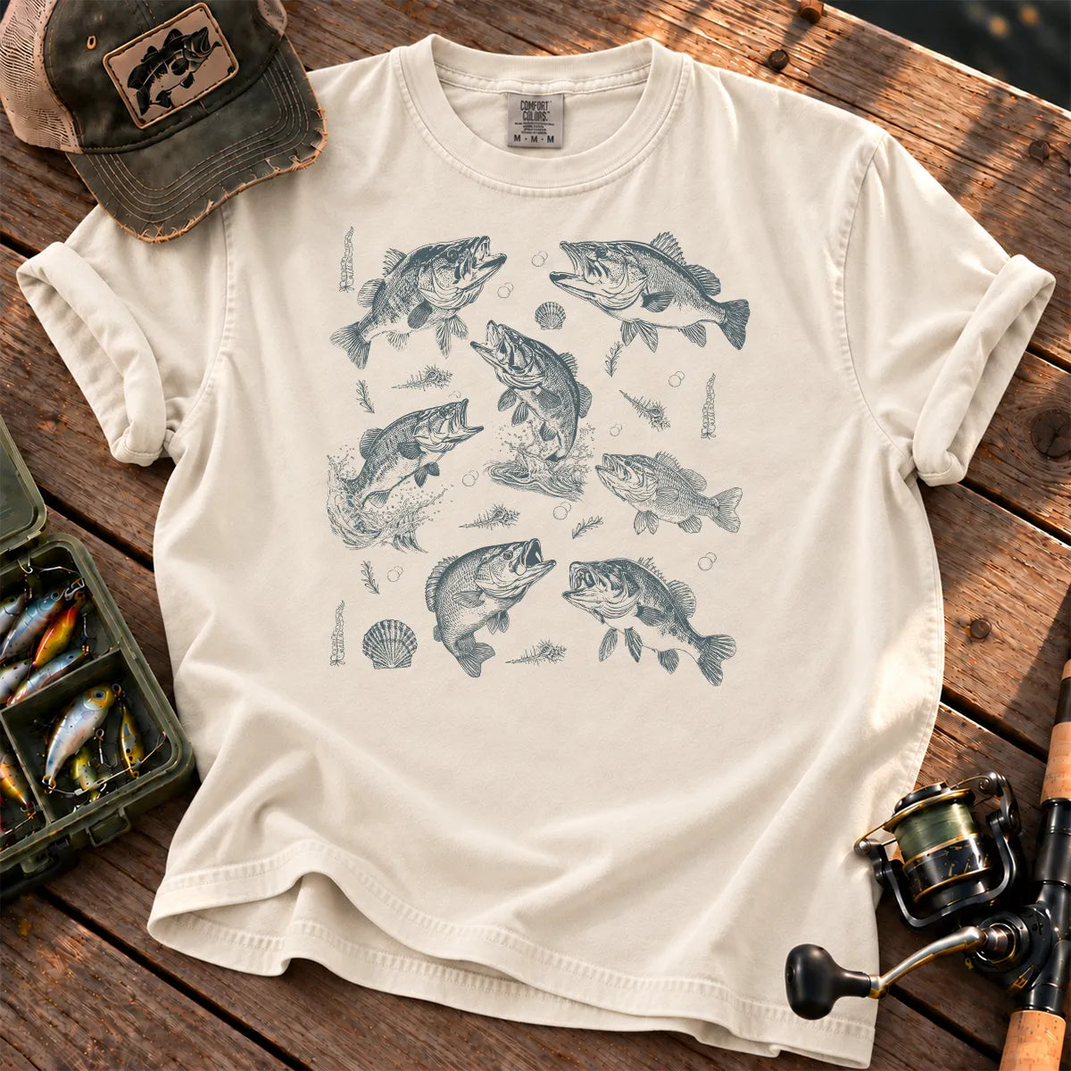 Teal Bass Tattoo Chart T-Shirt in Ivory