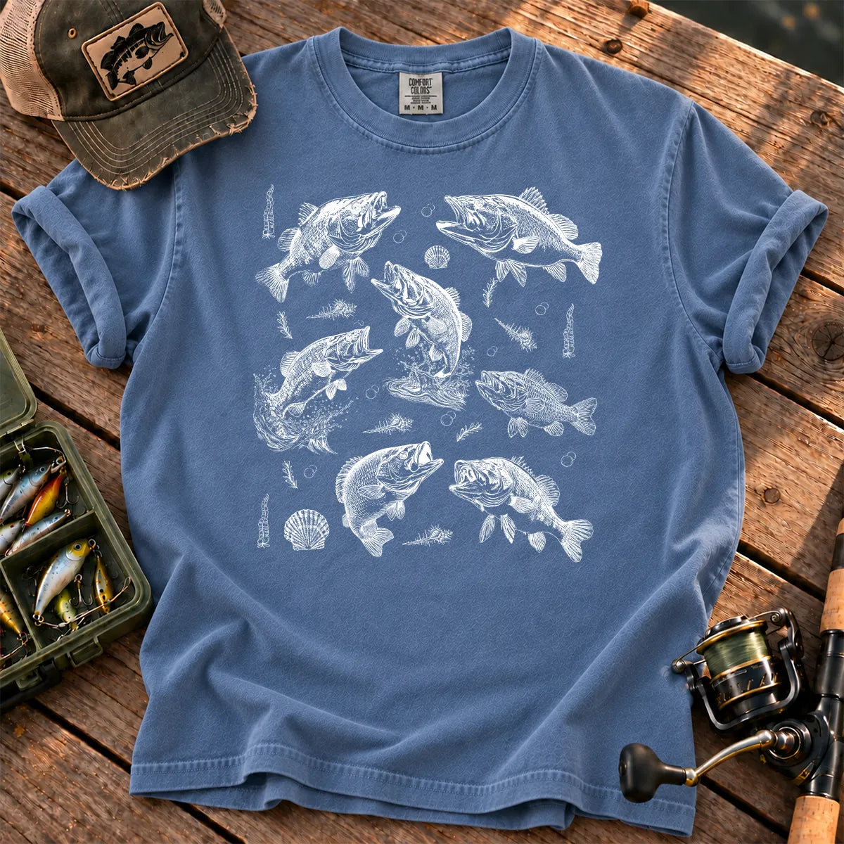 Teal Bass Tattoo Chart T-Shirt in Blue Jean