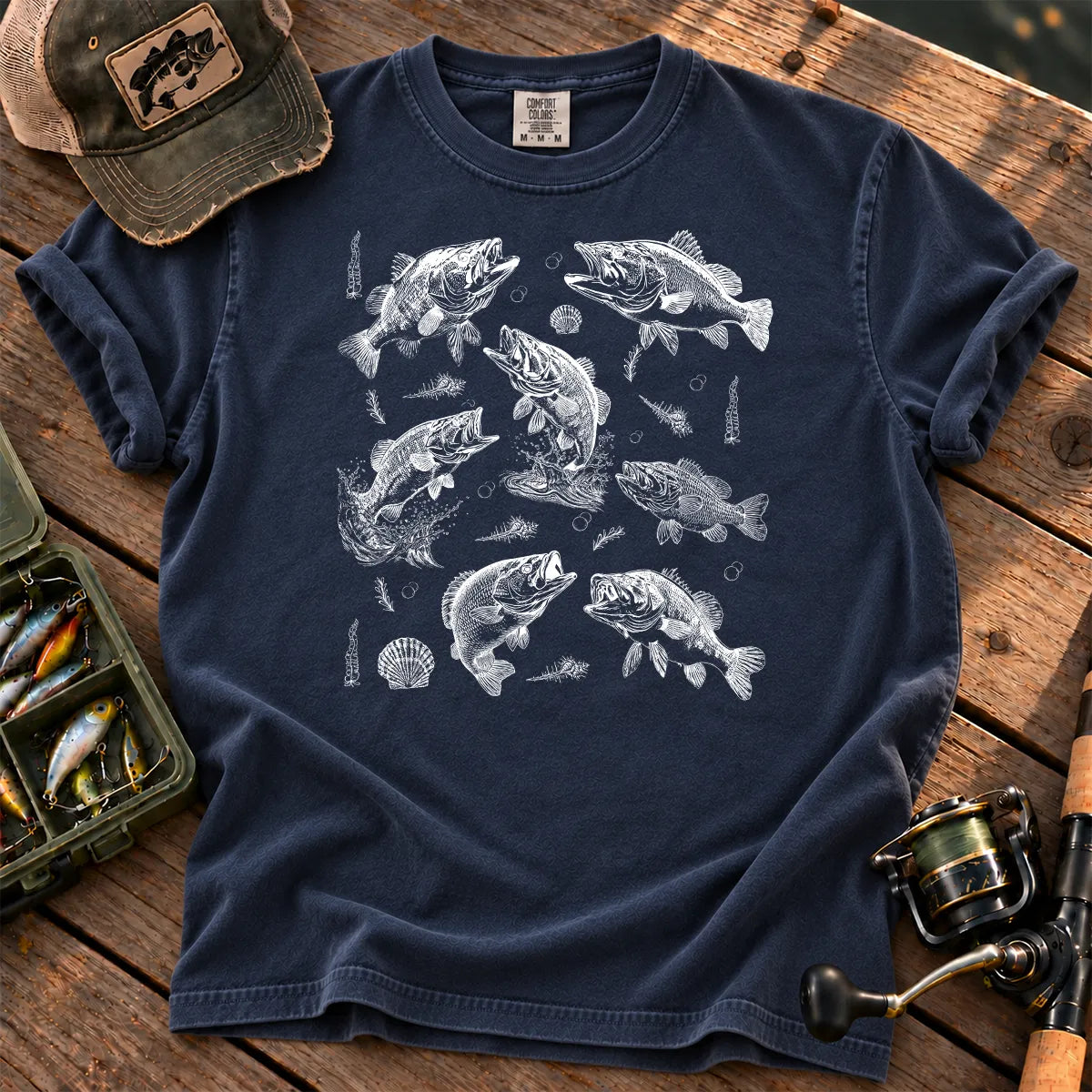 Teal Bass Tattoo Chart T-Shirt in True Navy