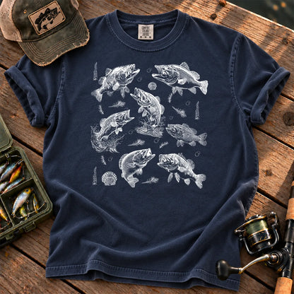 Teal Bass Tattoo Chart T-Shirt in True Navy