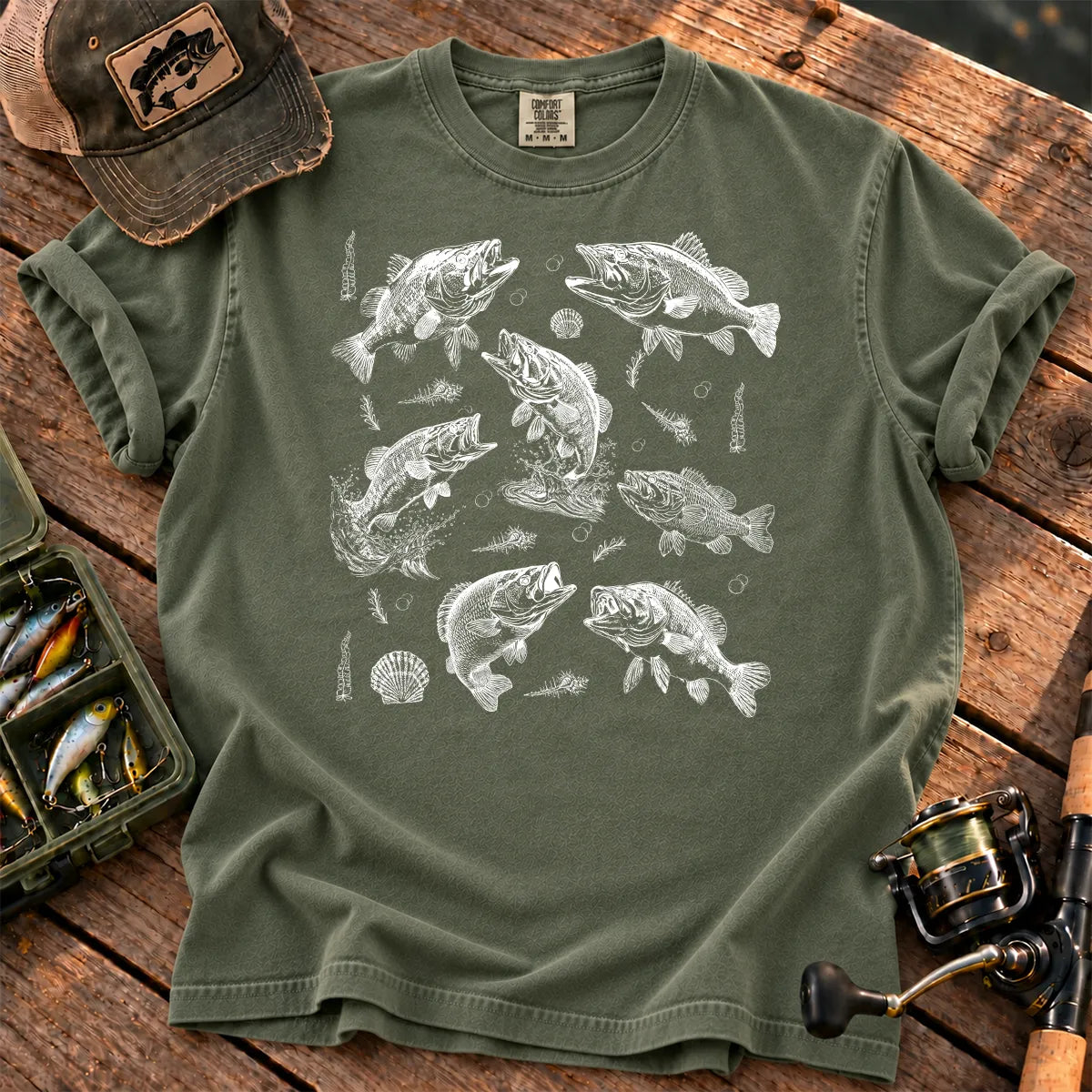 Teal Bass Tattoo Chart T-Shirt in Moss