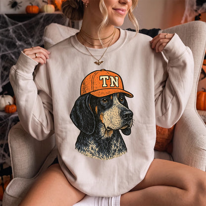 Tennessee Hunting Dog Sweatshirt Women model in Sand