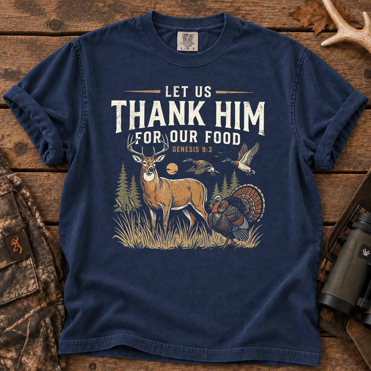 Thank Him for Our Food Hunting T-Shirt in True Navy