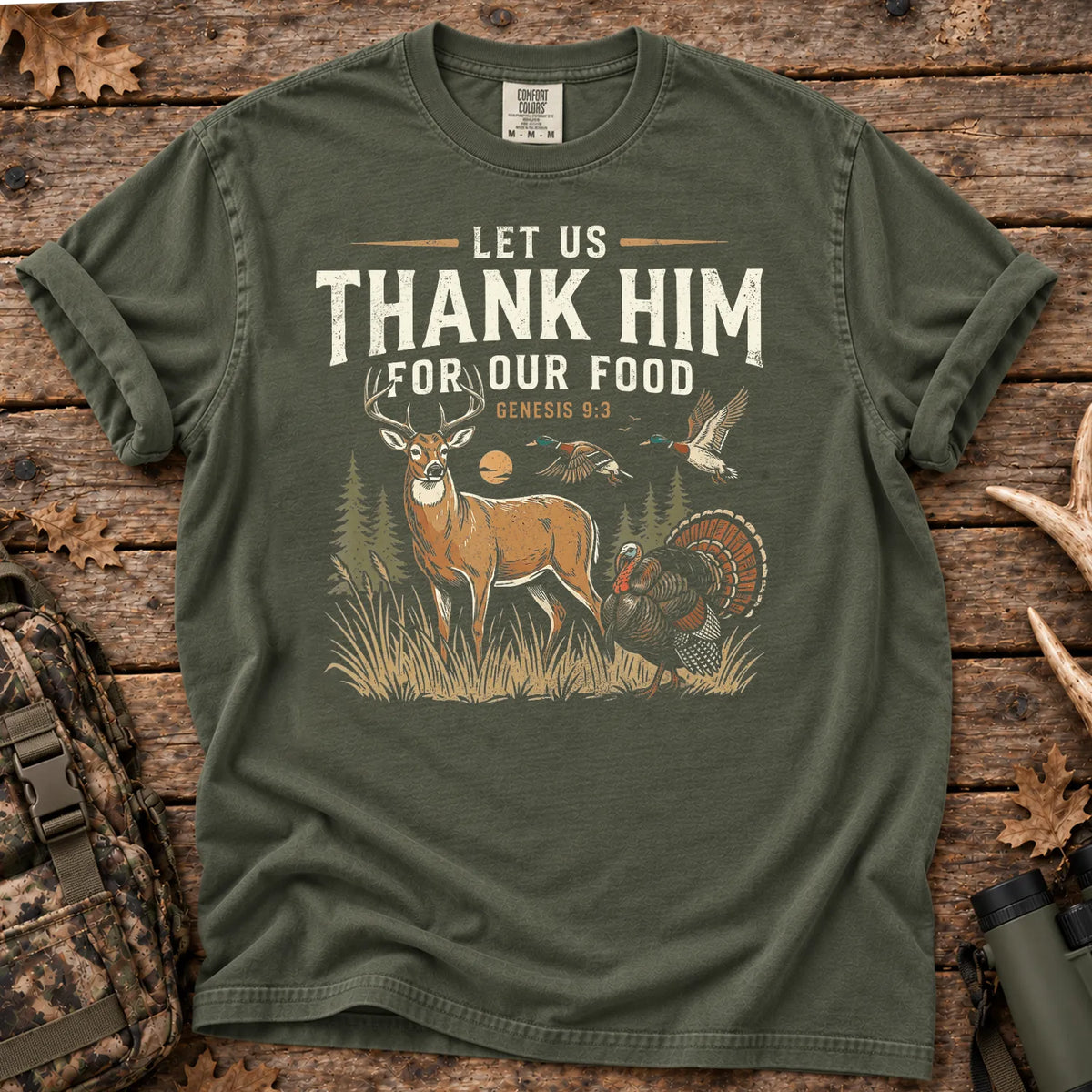Thank Him for Our Food Hunting T-Shirt in Moss