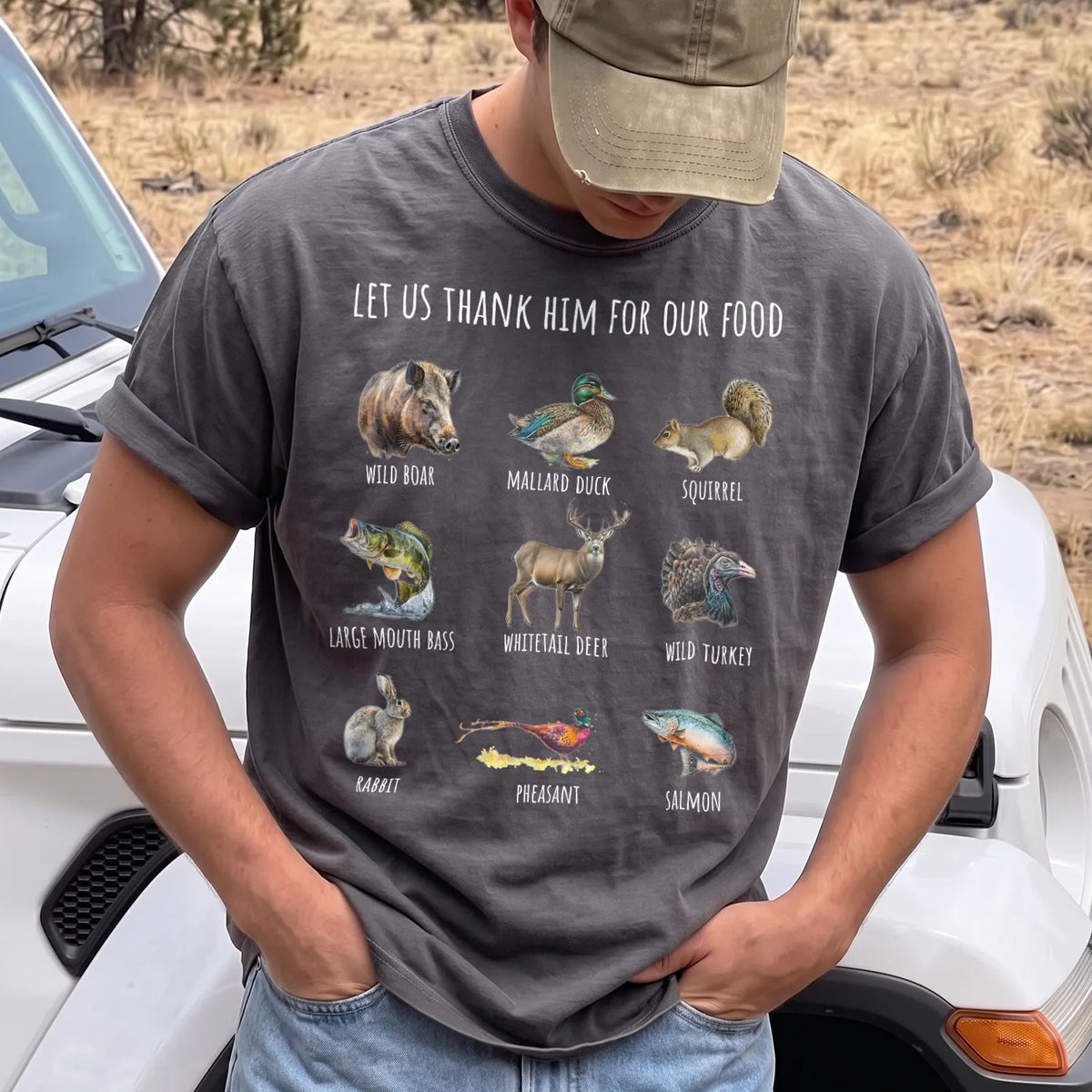 Thank Him for Our Food T-Shirt Men model in Pepper