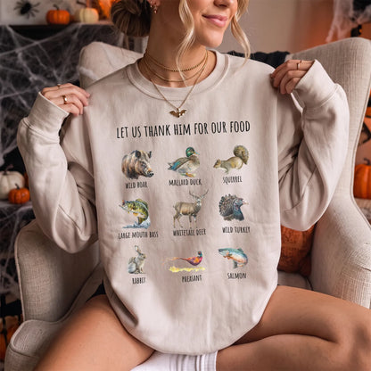 Thank Him Hunting Animals Sweatshirt Women model in Sand