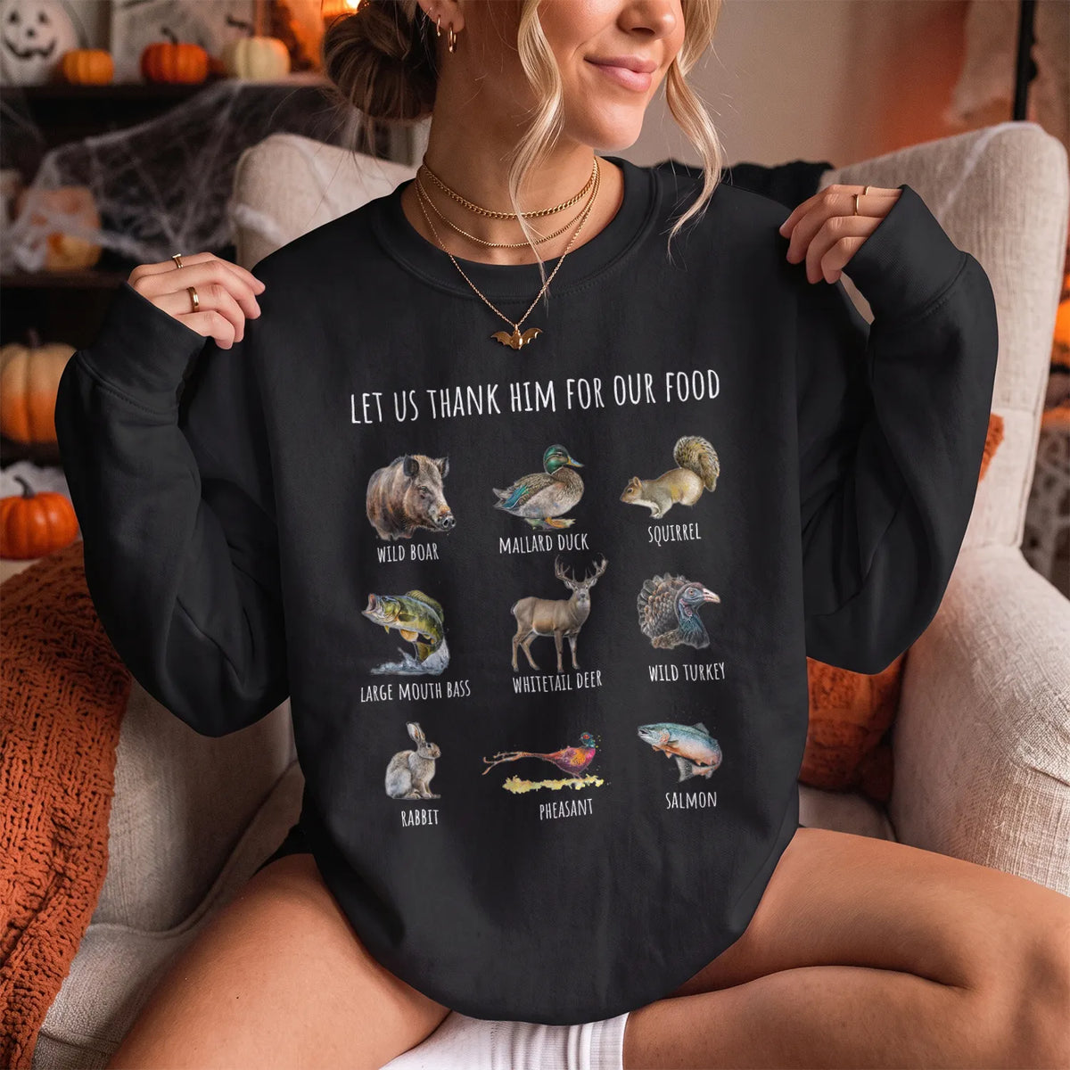 Thank Him Hunting Animals Sweatshirt Women model in Black