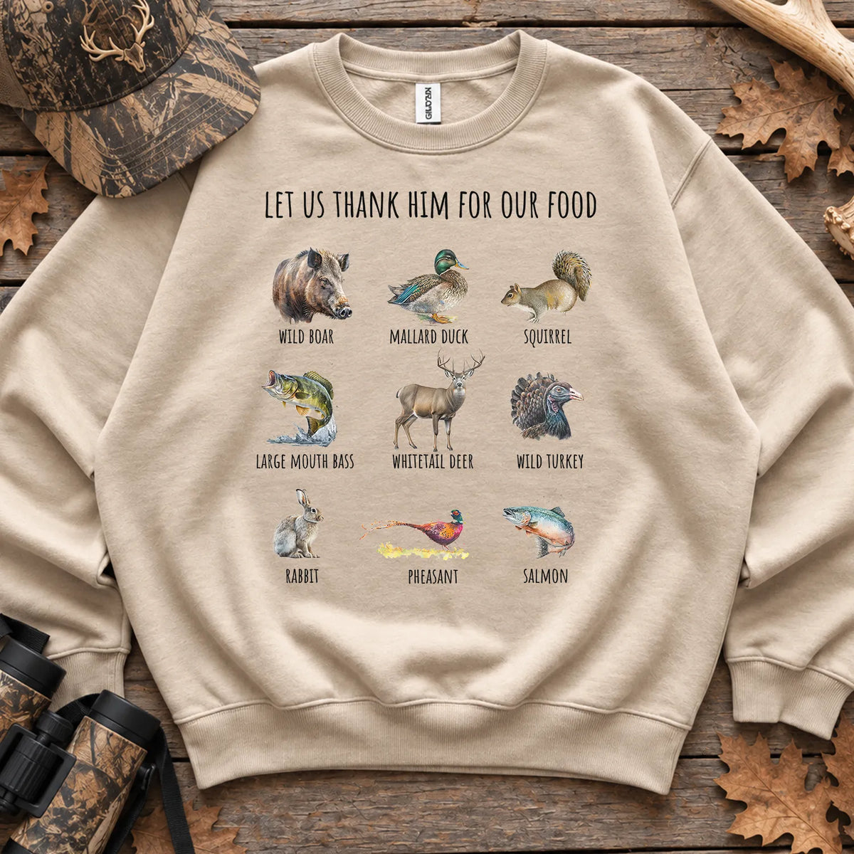 Thank Him Hunting Animals Sweatshirt in Sand