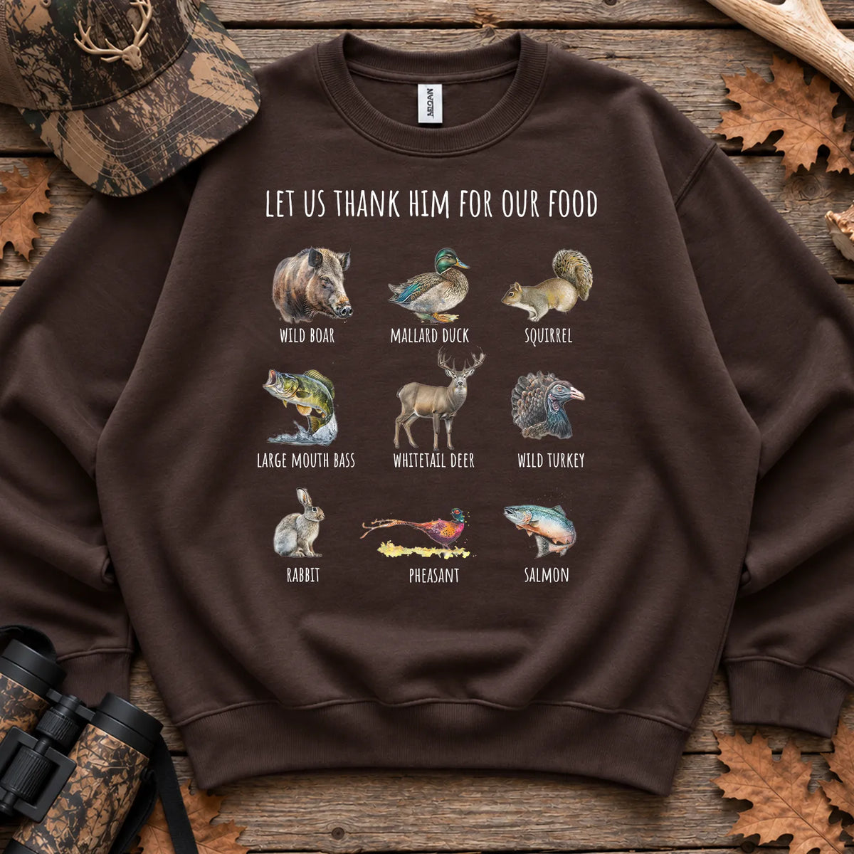 Thank Him Hunting Animals Sweatshirt in Dark Chocolate