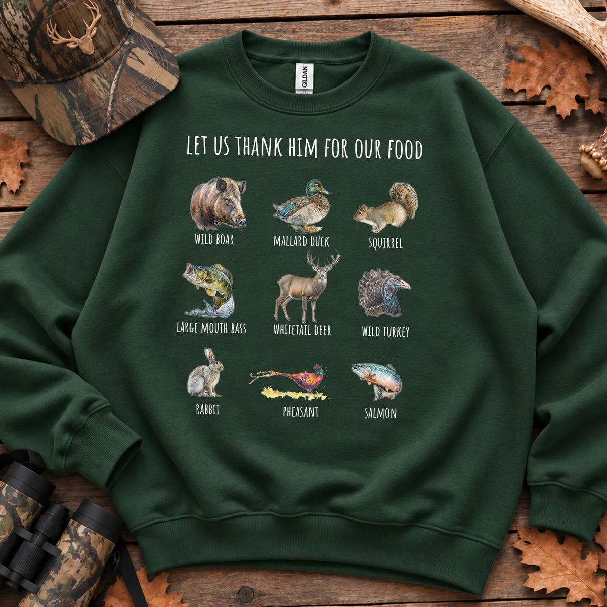 Thank Him Hunting Animals Sweatshirt in Forest Green