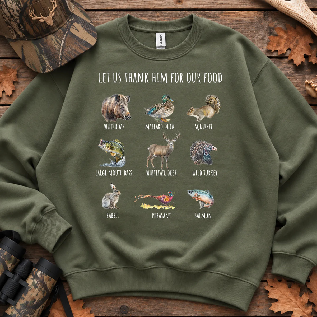 Thank Him Hunting Animals Sweatshirt in Military Green