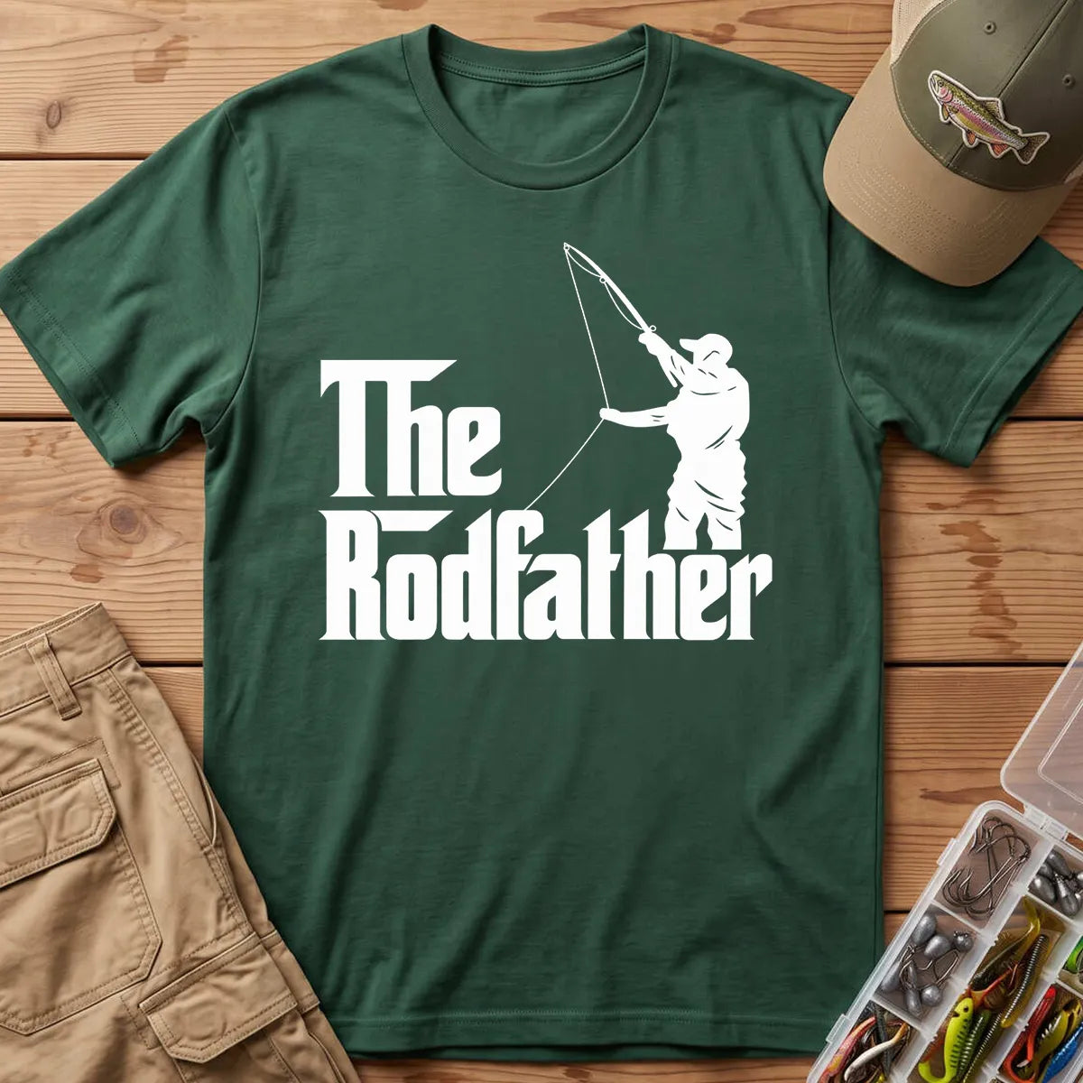 The Rodfather Fishing T-Shirt in Forest Green