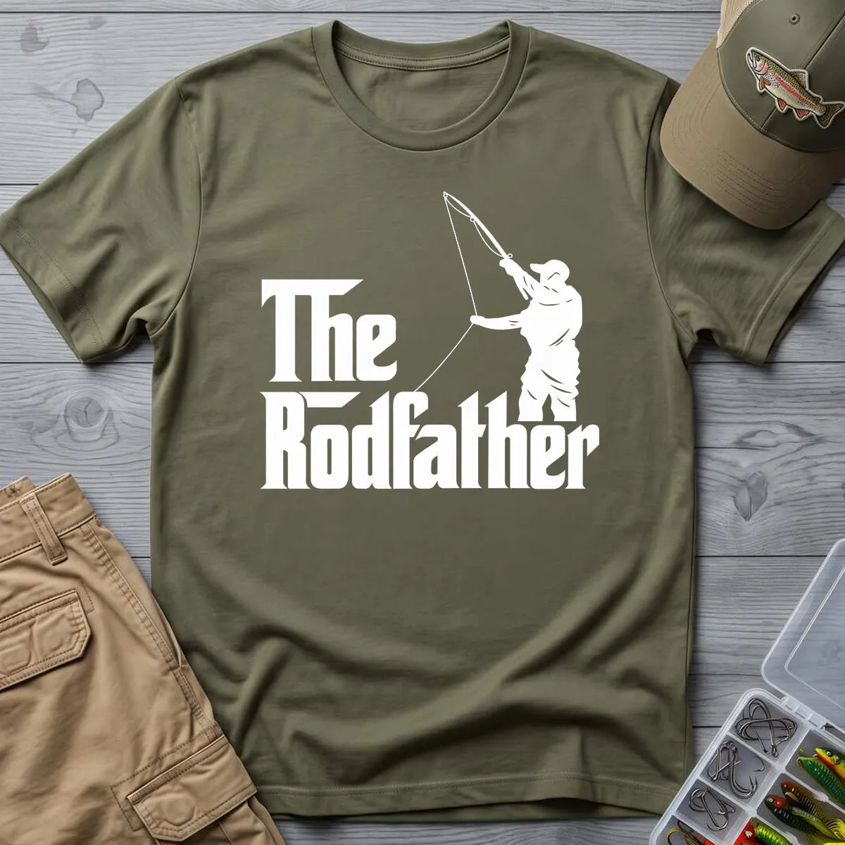 The Rodfather Fishing T-Shirt in Military Green