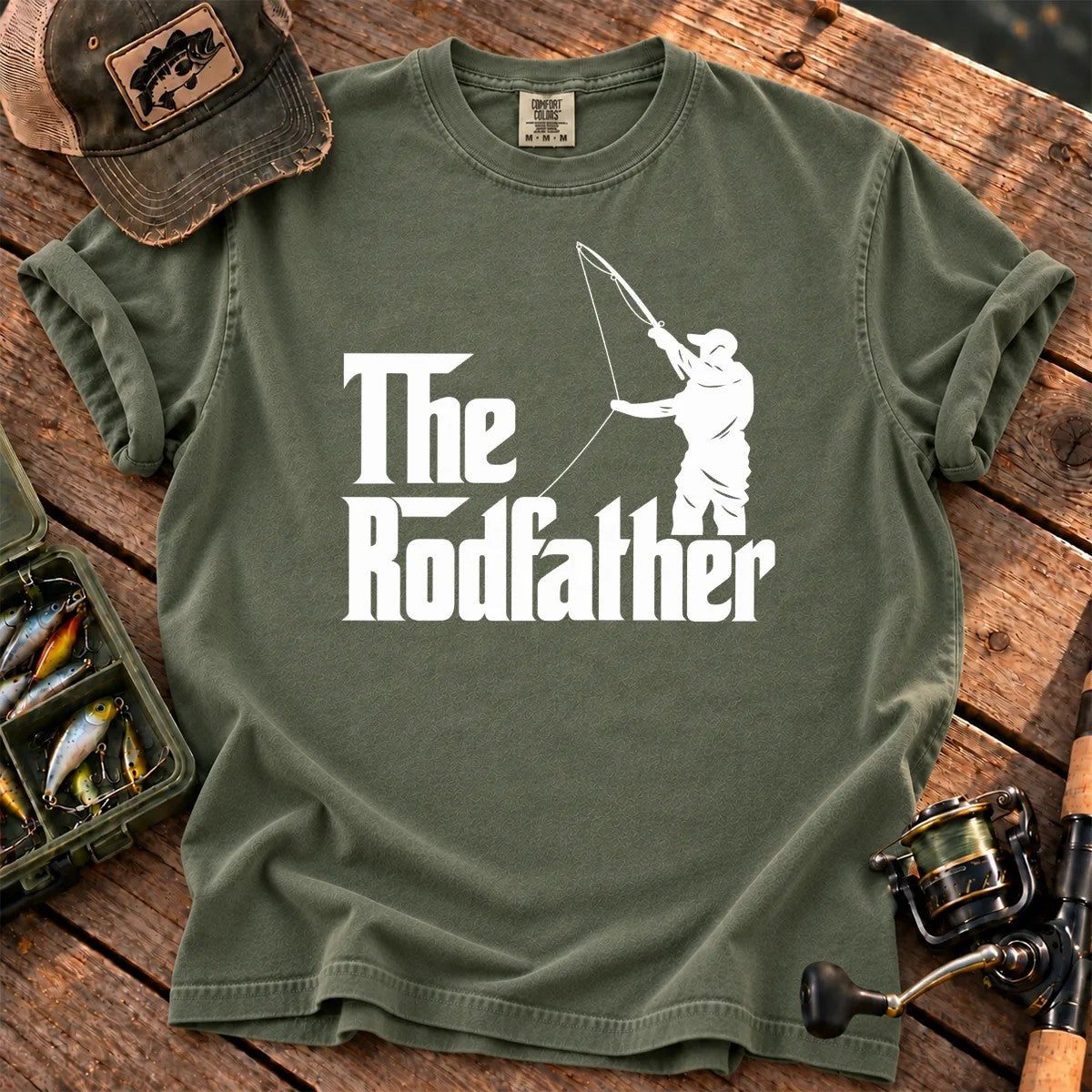 The Rodfather Fishing T-Shirt in Moss