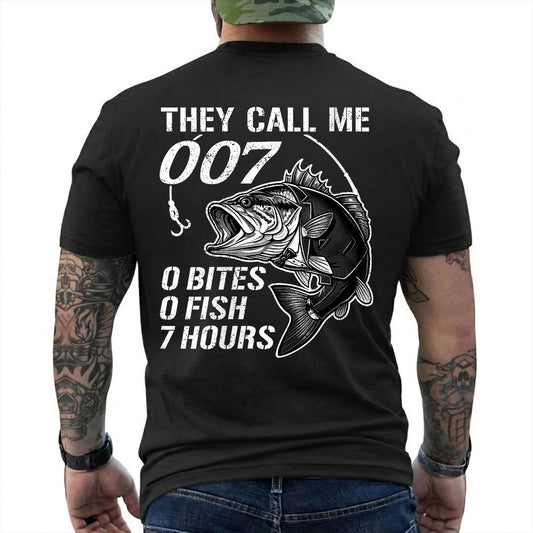 Black T-shirt back with large bass and 0 bites 0 fish 7 hours fishing joke reading 'THEY CALL ME 007 0 BITES 0 FISH 7 HOURS'