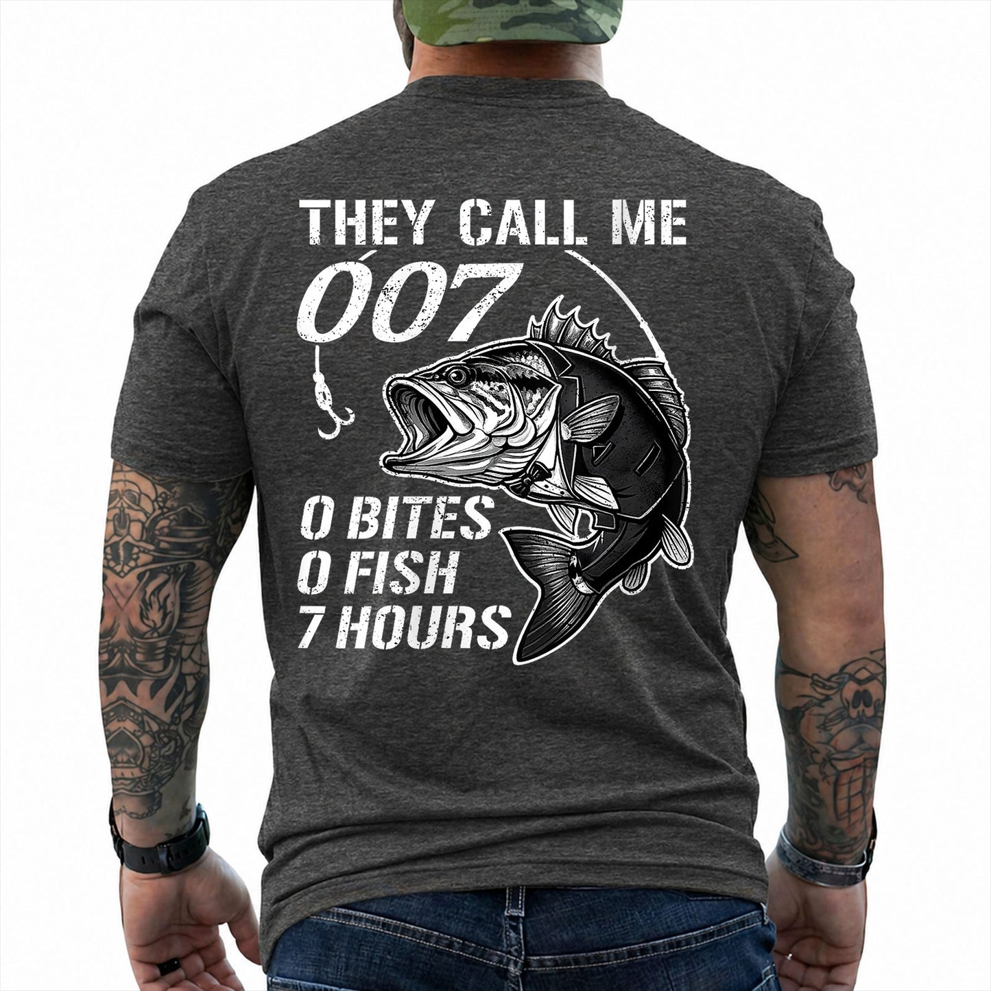 Dark Heather T-shirt back with large bass and 0 bites 0 fish 7 hours fishing joke