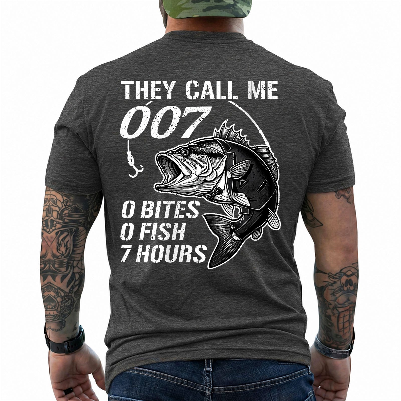 Dark Heather T-shirt back with large bass and 0 bites 0 fish 7 hours fishing joke