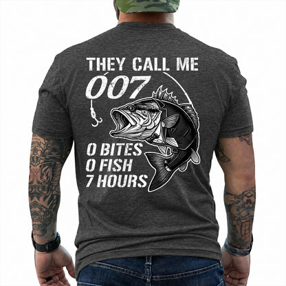 Dark Heather T-shirt back with large bass and 0 bites 0 fish 7 hours fishing joke