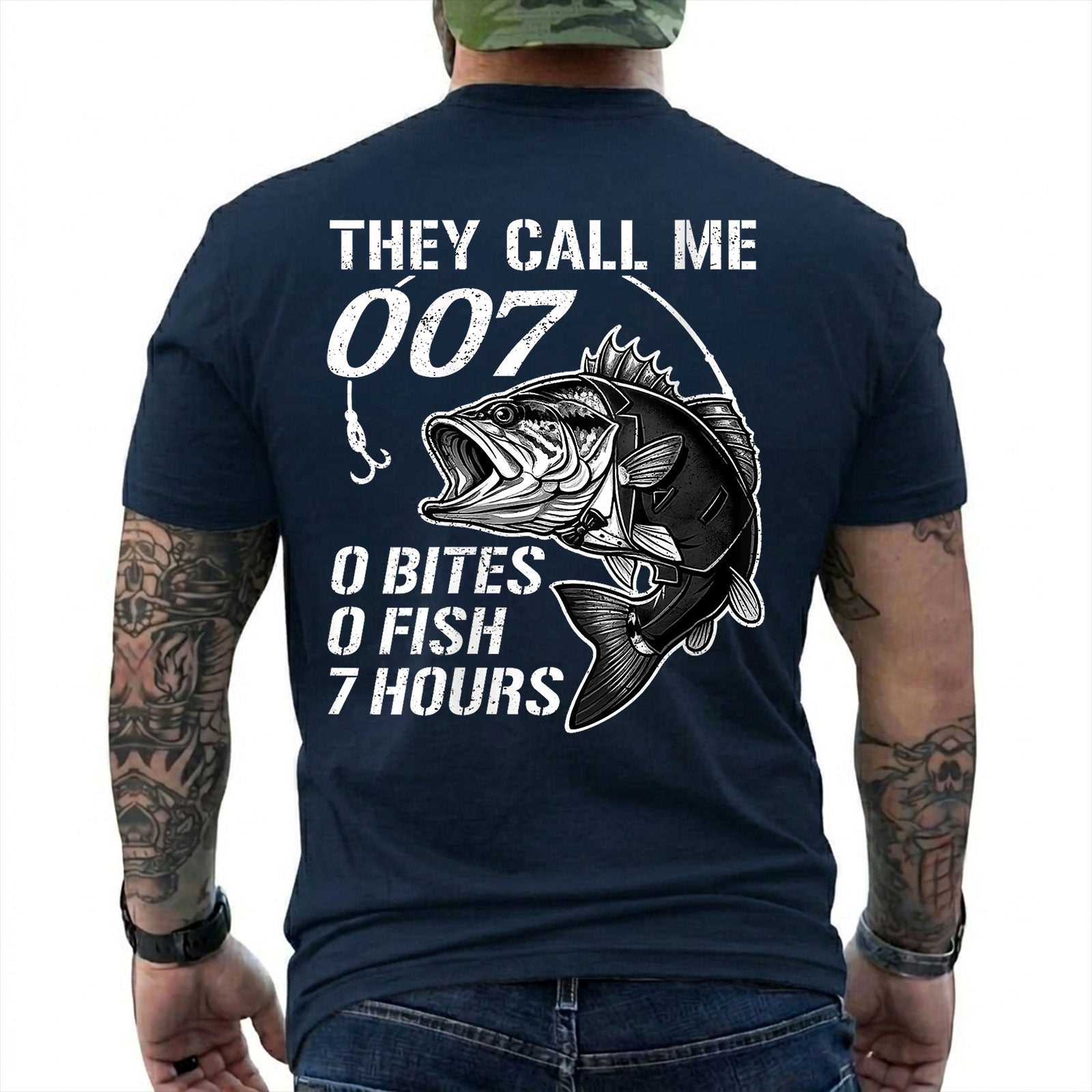 Forest Green T-shirt back with large bass and 0 bites 0 fish 7 hours fishing joke