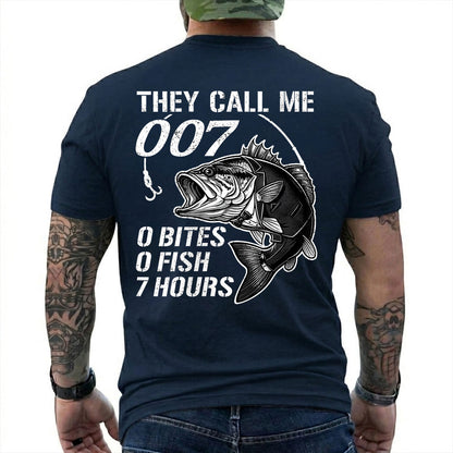 Forest Green T-shirt back with large bass and 0 bites 0 fish 7 hours fishing joke