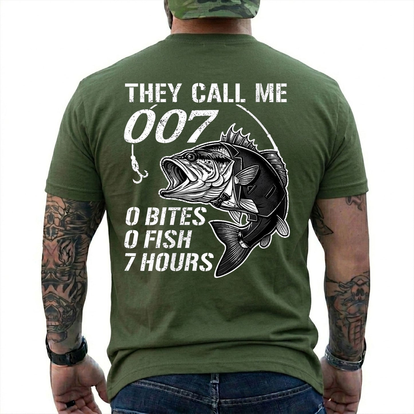 Military Green T-shirt back with large bass and 0 bites 0 fish 7 hours fishing joke